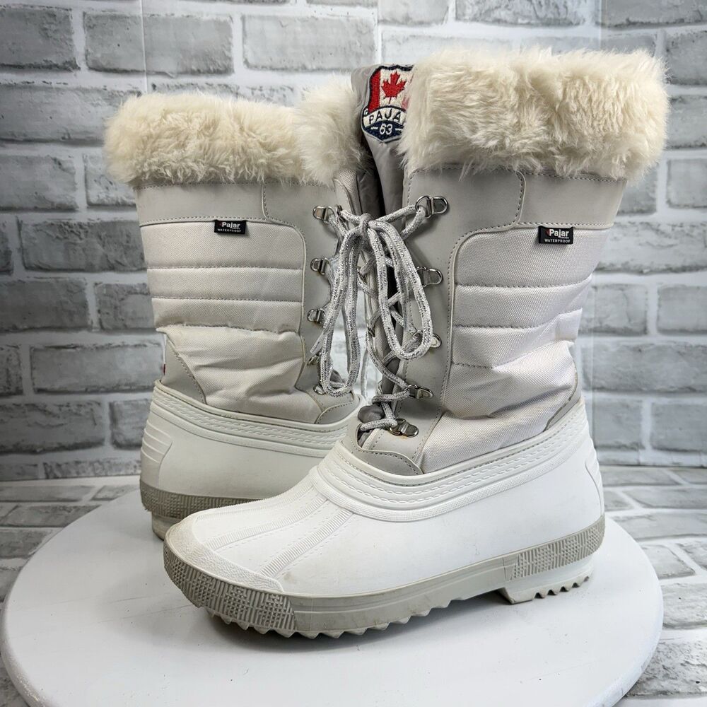 Pajar Boots Women's Size 10 White Knee High Lace Up Insulated Fur Snow Boots